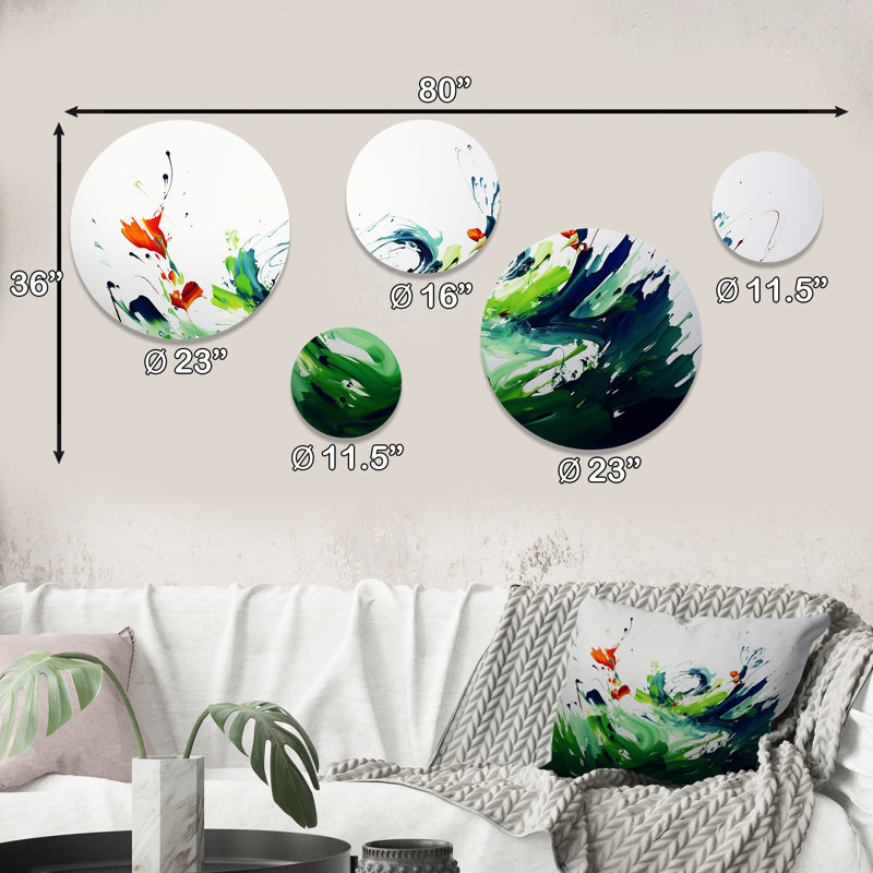 «Green and White Abstract Ink Expression I», ensemble d'art mural abstrait rond de 5