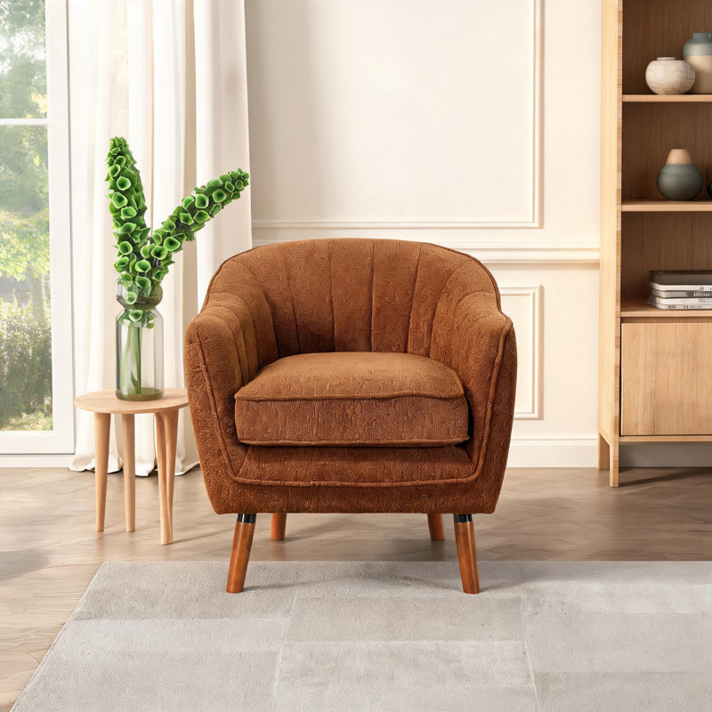 Fauteuil de salon de style Mid-Century avec accoudoirs décoratifs et assise en chenille, Brun