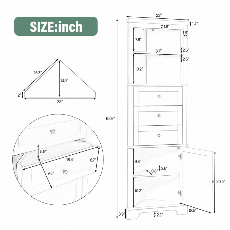 White Tall MDF Bathroom Cabinet with Adjustable Shelves and Drawers
