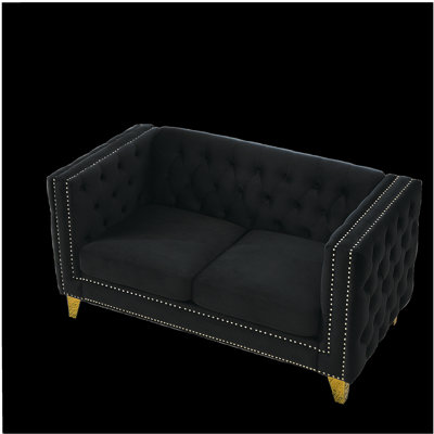 Velvet Sofa for Living Room,Buttons Tufted Square Arm Couch, Modern Couch Upholstered Button and Metal Legs, Sofa Couch for Bedroom, Black Velvet-2S