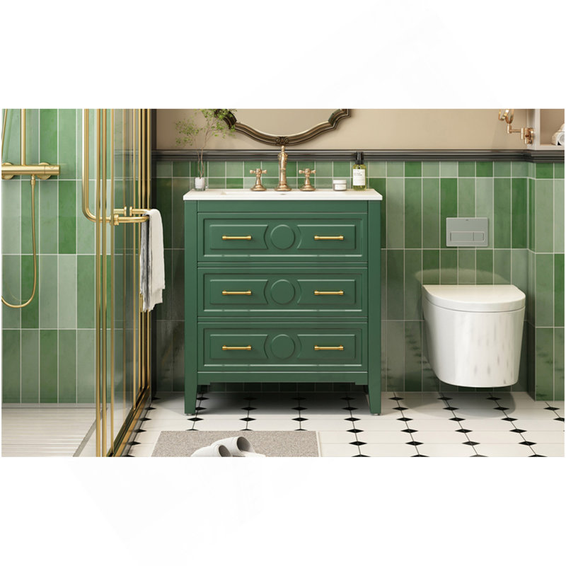 30'' Bathroom Vanity With Ceramic Sink Combo, Free Standing Single Vanity Set With 3 Drawers,  Wood Frame Bathroom Storage Cabinet, Green