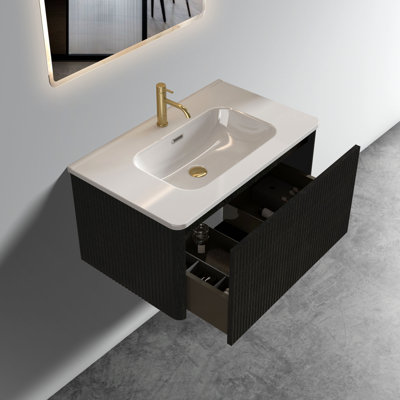 Meuble-lavabo de 30 po au look moderne avec lavabo en chêne blanc, vasque en céramique blanche, profil moderne