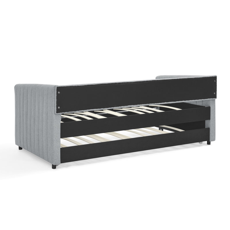 Lit de jour rembourré confortable avec lit gigogne, idéal pour la détente et l'espace de couchage supplémentaire, avec tissu en lin et rayures verticales