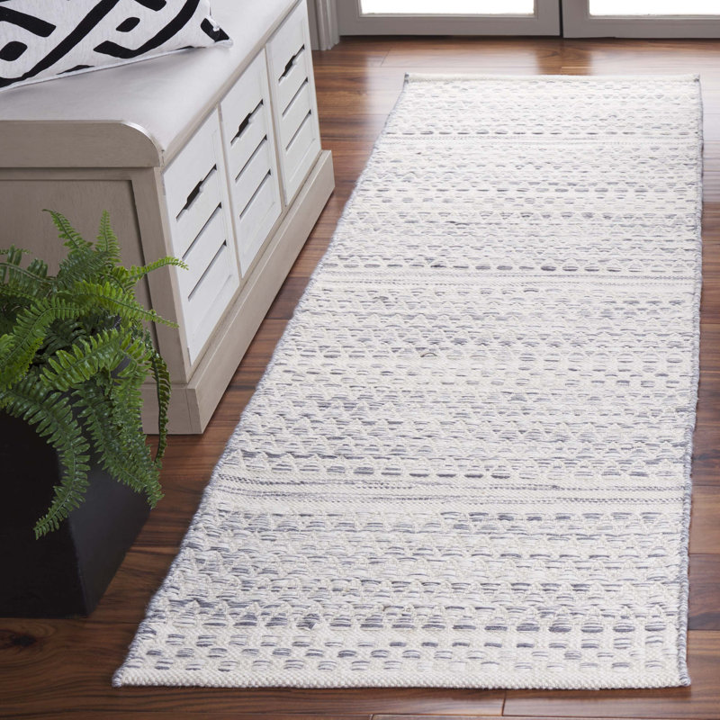 Kilim Hand Woven Wool/Cotton Geometric Rug in Ivory/Dark Gray, Runner 2'3" x 8'