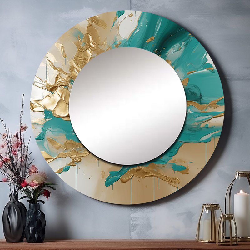 Or et marbre Turquouse Fuild Ink - miroir mural abstrait en marbre rond_MTMIR61930, 23 po x 23 po
