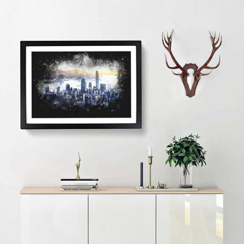 Hong Kong Skyline in China - Picture Frame Graphic Art Print, 33cm H x 45cm W x 2cm D, Black Framed