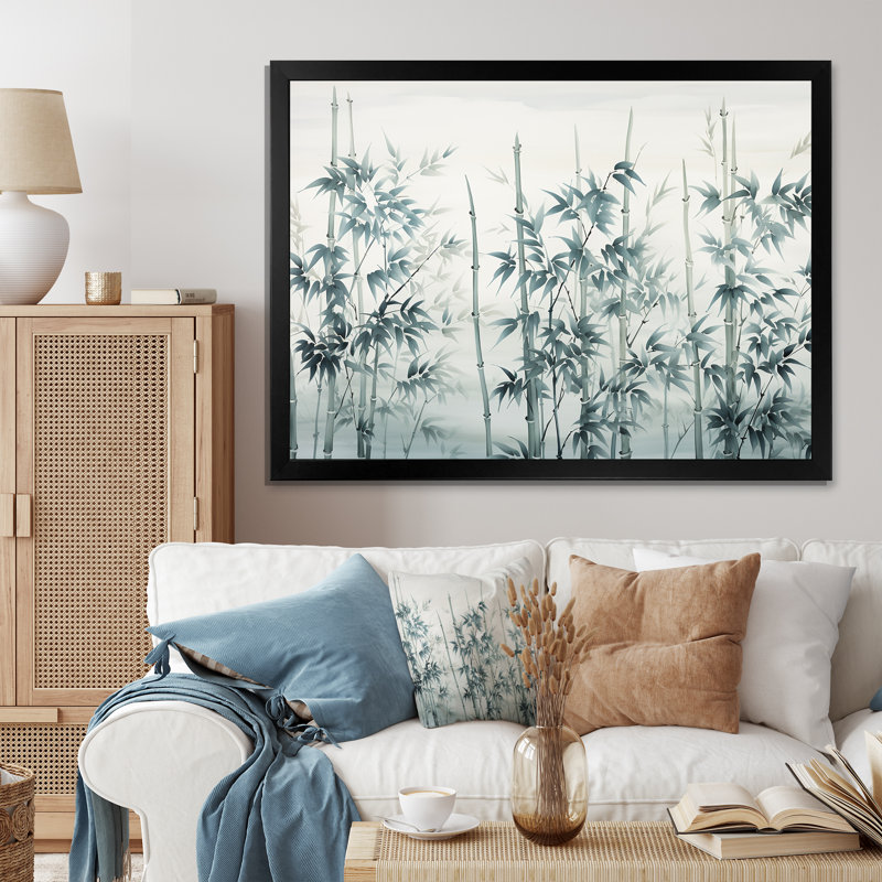 Gris et vert bambou tranquillité I - art mural Chine, Cadre d'angle fermé noir, H 34 po x l 44 po x P 1,5 po