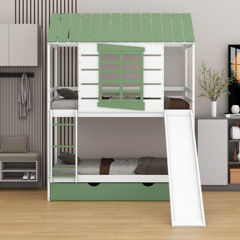 Lit superposé en bois simple au-dessus de simple en forme de maison avec lit gigogne et glissade convertible