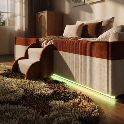 Granborough Upholstered Corduroy Floor Bed with Fence, 2-Tier Steps & App-Controlled LED Lighting - Low Profile Platform