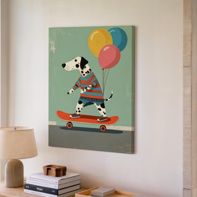 Skateboarding Dalmatian With Balloons Canvasplayful Kids Canvas Wall Art Ready To Hang Gallery Wrapped Home Decor Modern Design Decor
