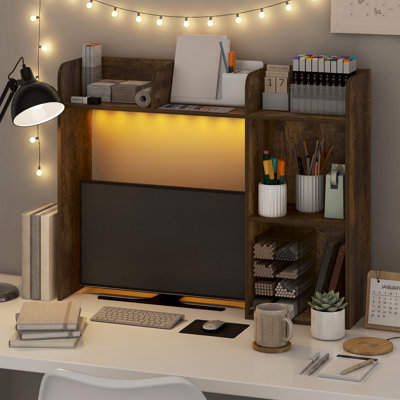 Étagère de bureau Furinno CLASSIC avec lumières DEL, huche de bureau à DEL à 5 tablettes, étagère à livres, organisateur de bureau, pour fournitures de bureau, accessoires de bureau, pin ambre