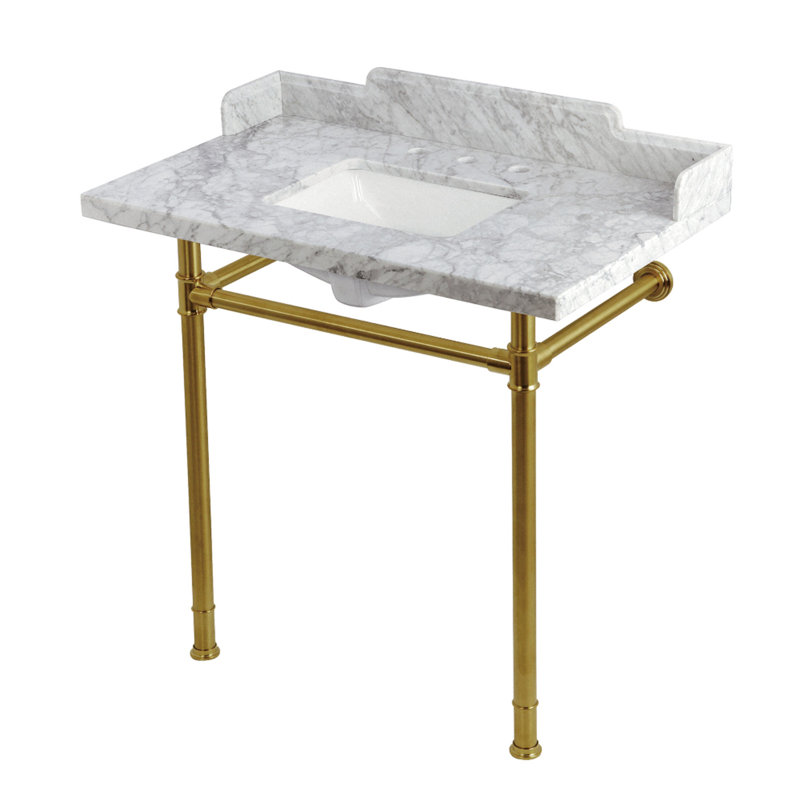 Kingston Brass Wesselman 36-Inch Carrara Marble Console Sink with Stainless Steel Legs (8-Inch, 3-Hole), Brushed Brass