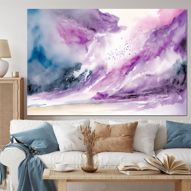 «Violet Storm At The Horizon II», art mural abstrait à l'encre liquide