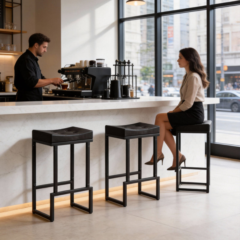 Upholstered Counter Stool with Metal Frame & Footrest, Backless Saddle Seat Counter Height Bar Stools, Black, 3