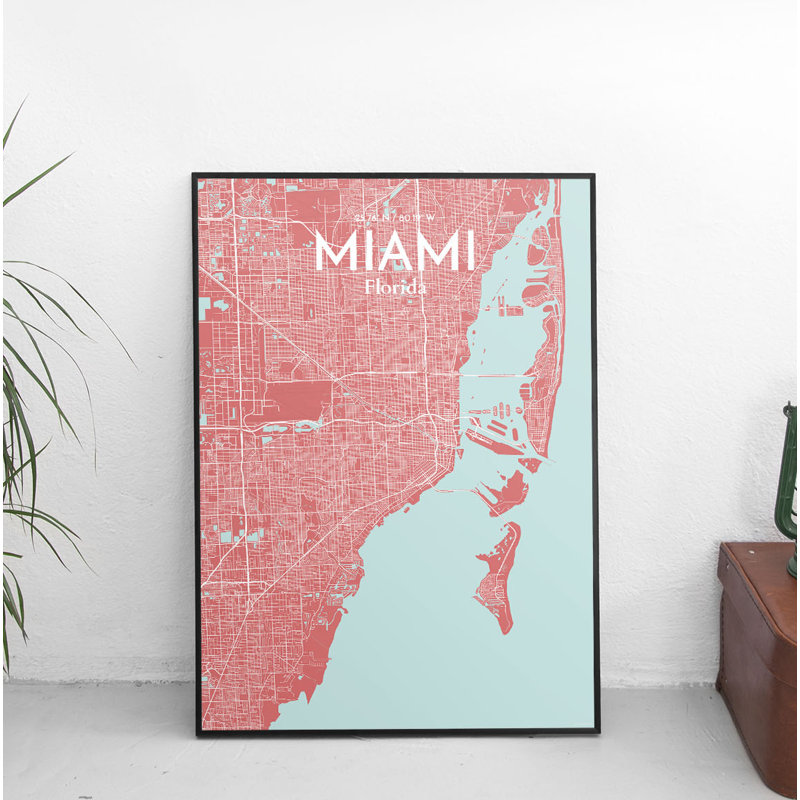 Miami City Map - impression d'art graphique, H 20 po x l 16 po x P 0,05 po