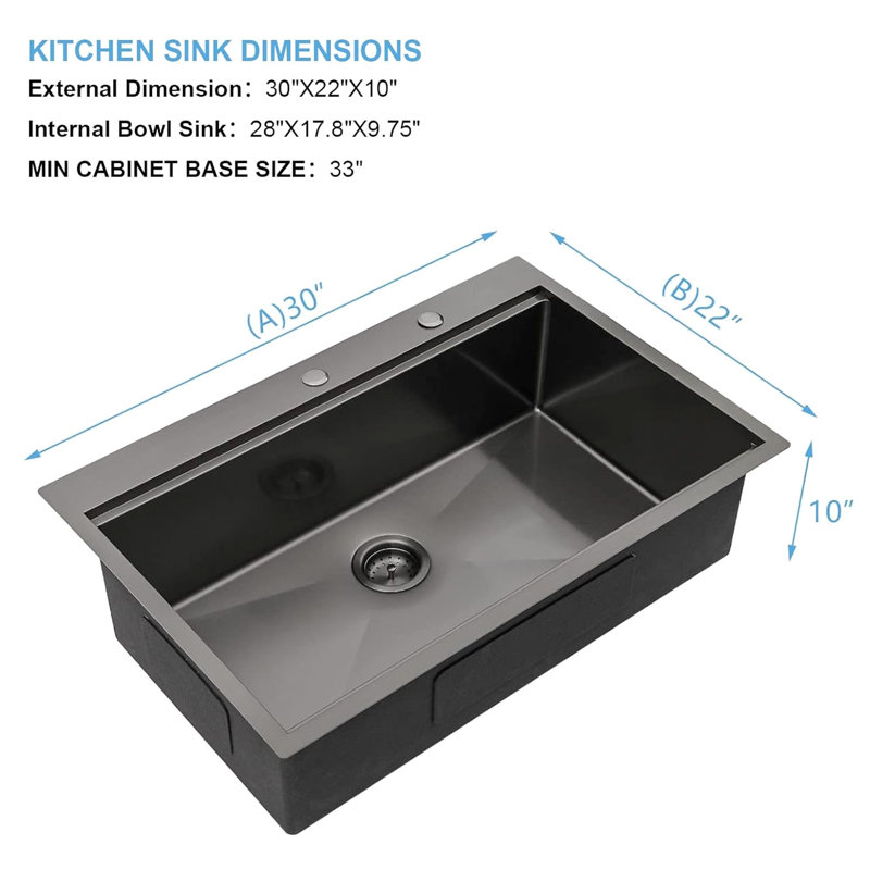 Lavabo de cuisine 30 po x 22 po - Acier inoxydable noir, station de travail en acier de calibre 16 rouille