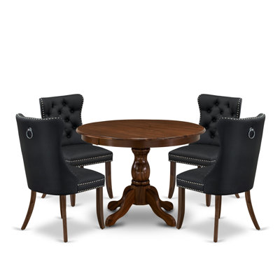 5 Piece Dining Room Set Contains a Round Solid Wood Table and 4 Upholstered Chairs, Antique Walnut