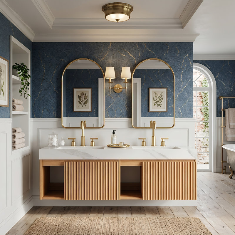 Meuble-lavabo flottant 60 po avec double vasque en céramique, plateau en pierre frittée, armoire en contreplaqué et 2 portes à fermeture en douceur (bois naturel)