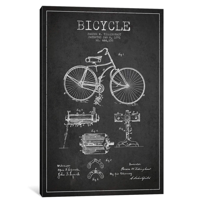 Bike Charcoal Patent by Aged Pixel - Print on Canvas, 101.6 cm H x 66.04 cm W x 1.91 cm D, No Frame