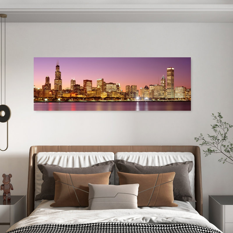 City skyline at Dusk Chicago IL USA 1 Piece Wrapped Canvas Panoramic Wall Art, 50.8 cm H x 152.4 cm W