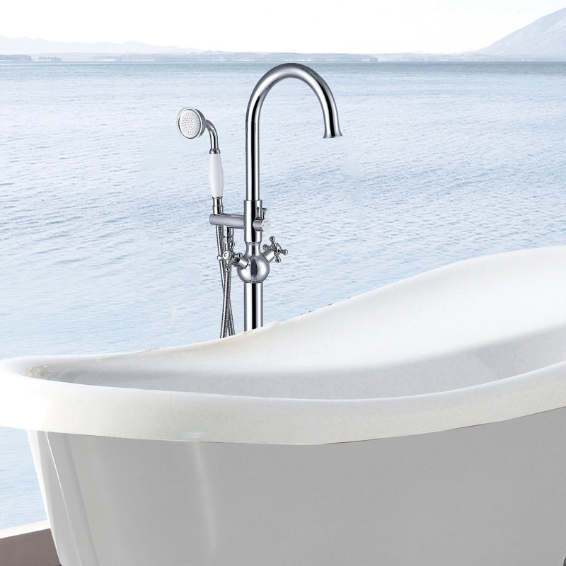 Modern Freestanding Bathtub Faucet With Hand Shower. . Metal. 45.24" Depth, 6.53" Width, Height, 9.38lb. Full Body Spray For Delightful Tub Bathing Time Filler Shower In 45.24in D, 6.53in W, H,