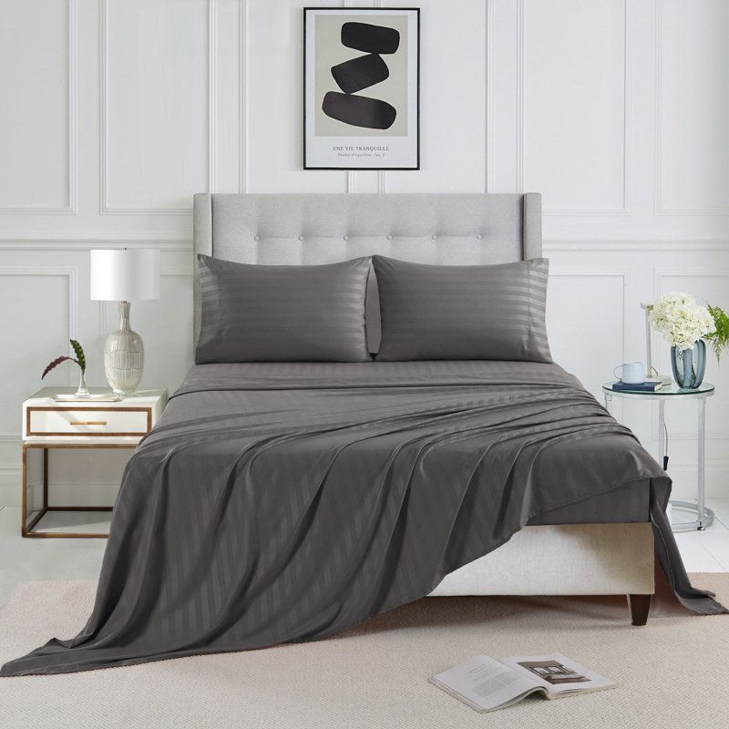 3/4 Pcs Luxury Striped Bed Sheets Set, Gray, Queen Sheet Set with 2 Pillowcases