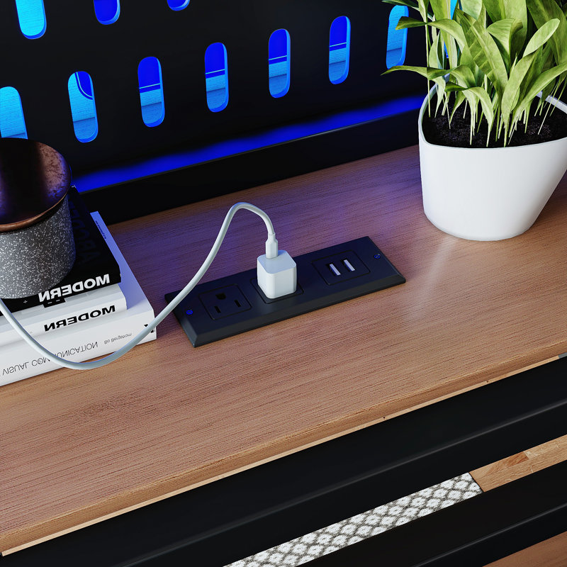 Lit mezzanine en métal avec tablettes de rangement et ports USB Elevate, Queen, Natural