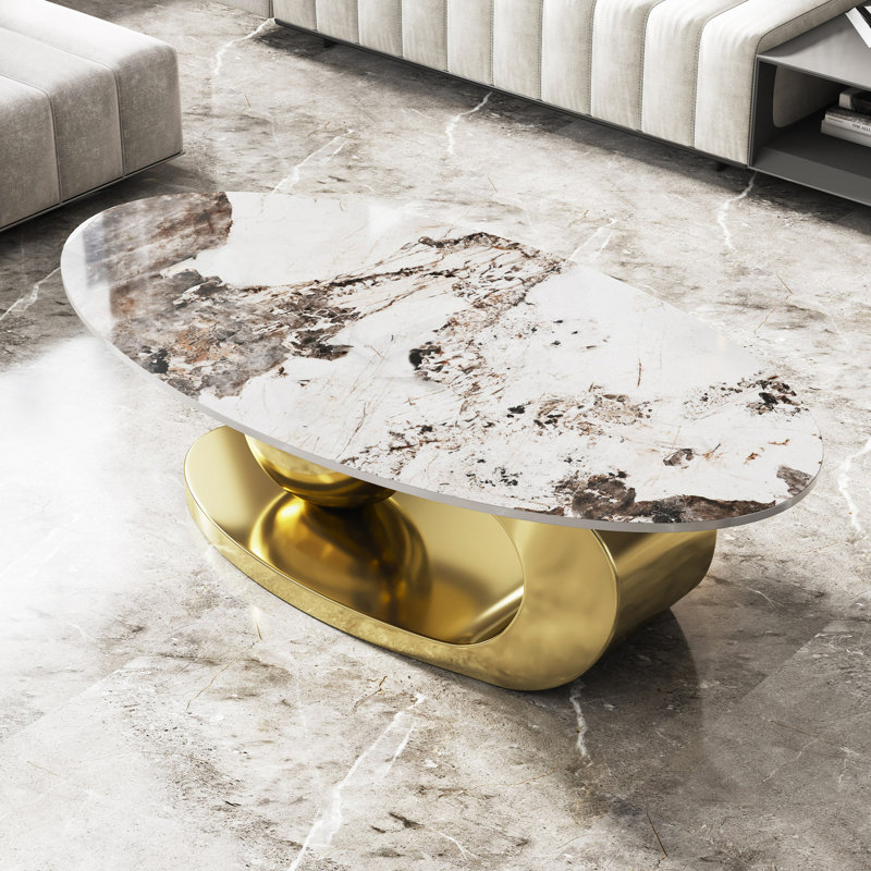49.2" Oval Faux Marble Coffee Table With Stainless Steel Base