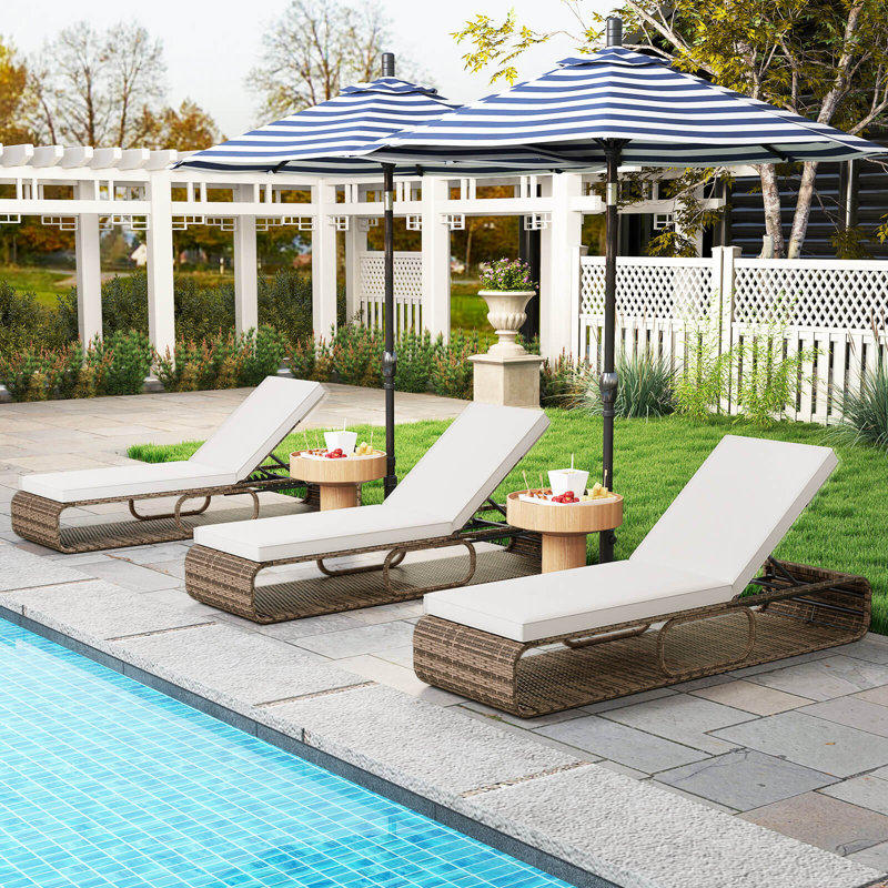 Outdoor Chaise Lounge Chair With Adjustable Backrest Cushion And Storage, 1, Beige