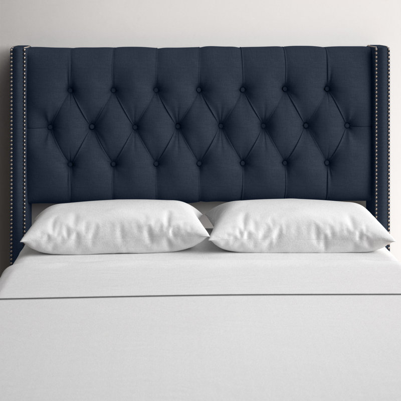 Whitingham Solid Wood Headboard, California King, Classic Navy Linen, Pewter