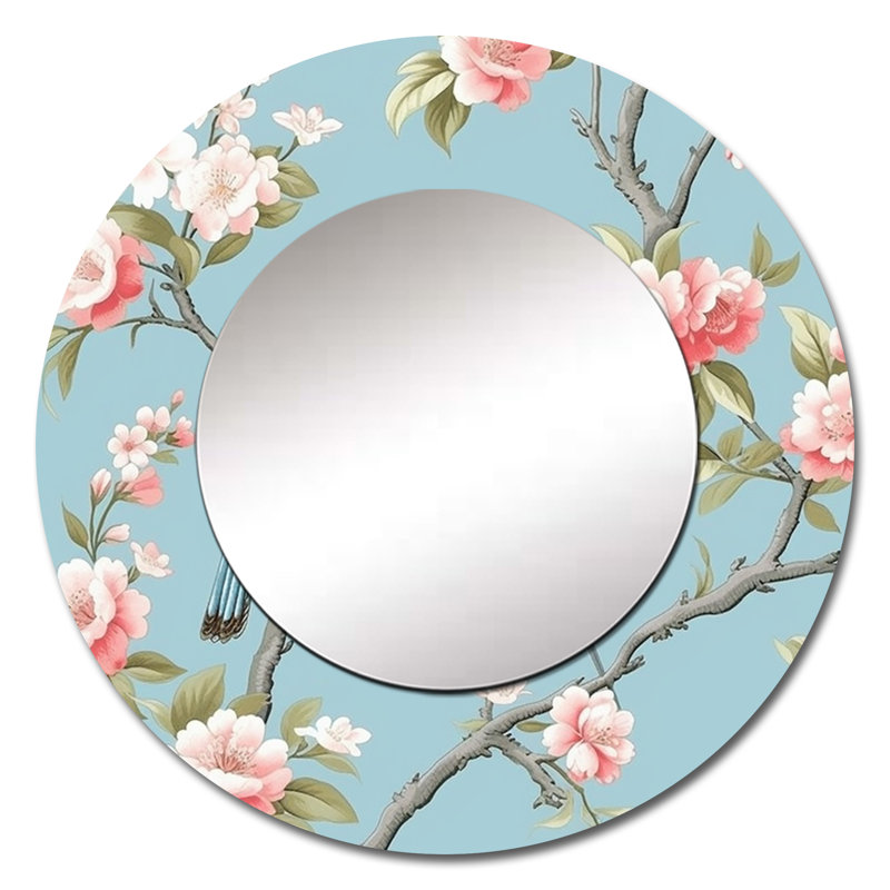 Chinoiserie With Birds And Peonies XV - Floral Round Mirror For Wall Decor, 36" x 36"