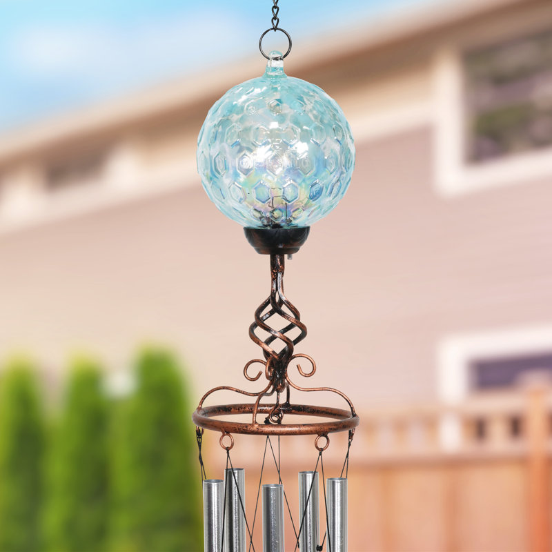 Light Blue Solar Pearlized Honeycomb Glass Wind Chime with Metal Finial