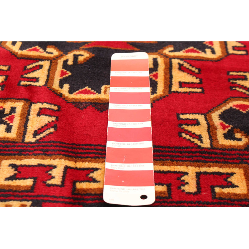 Tapis rouge en laine noué à la main de conception unique 3 pi 8 po x 6 pi 5 po Teimani
