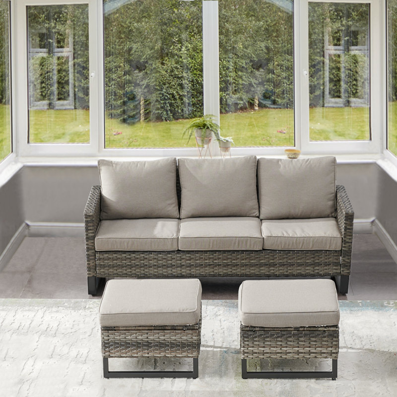 Ingvald 74" Wide Outdoor Wicker Sofa Patio Couch with Ottoman, Gray