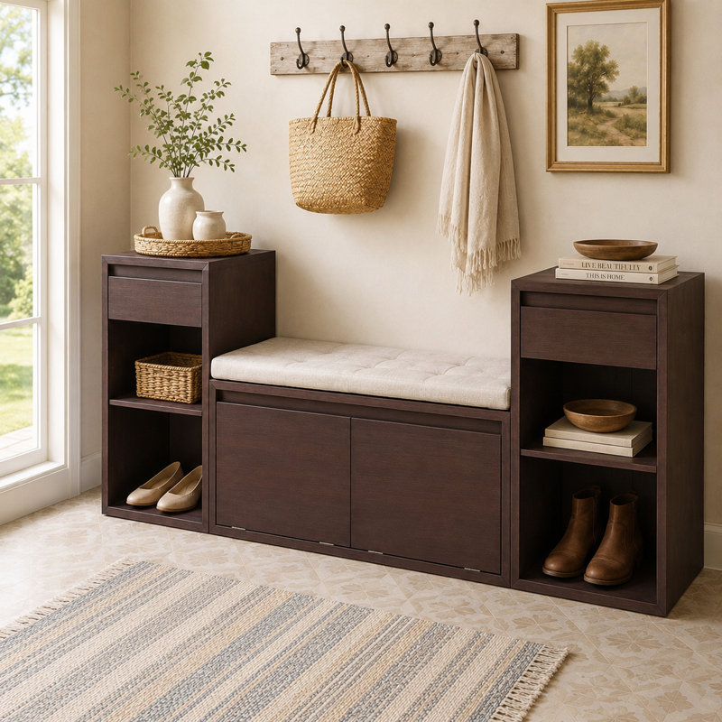 Banc de rangement rustique pour chaussures avec tiroirs rembourrés et tablettes latérales pour le vestibule et le couloir