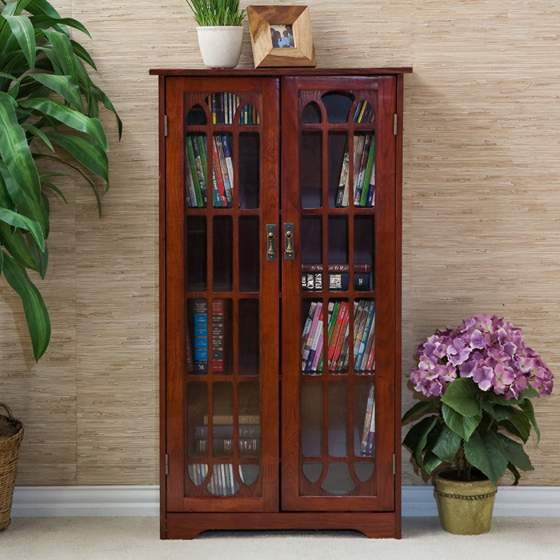 Armoire multimédia à panneau de fenêtre noire, Cerisier