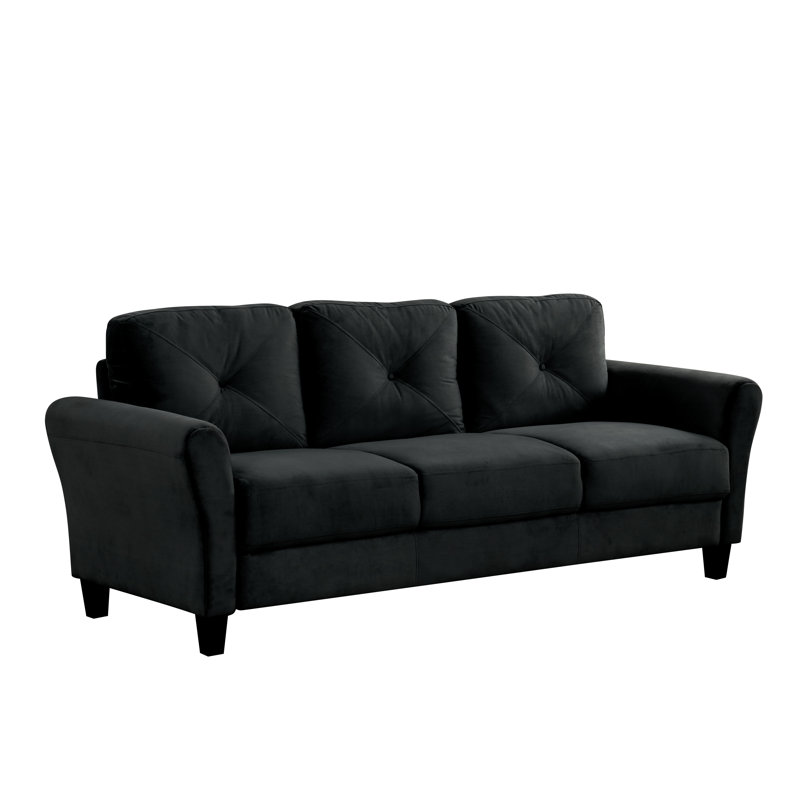 Hrannar Velvet Upholstered 3-Seater Sofa with Back Cushions, Noir