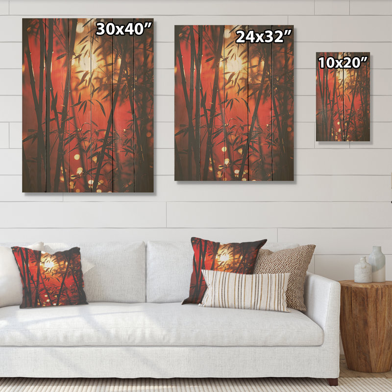 Bambou coucher de soleil - Art mural en bois de bambou sur bois de pin naturel, H 32 po x l 24 po