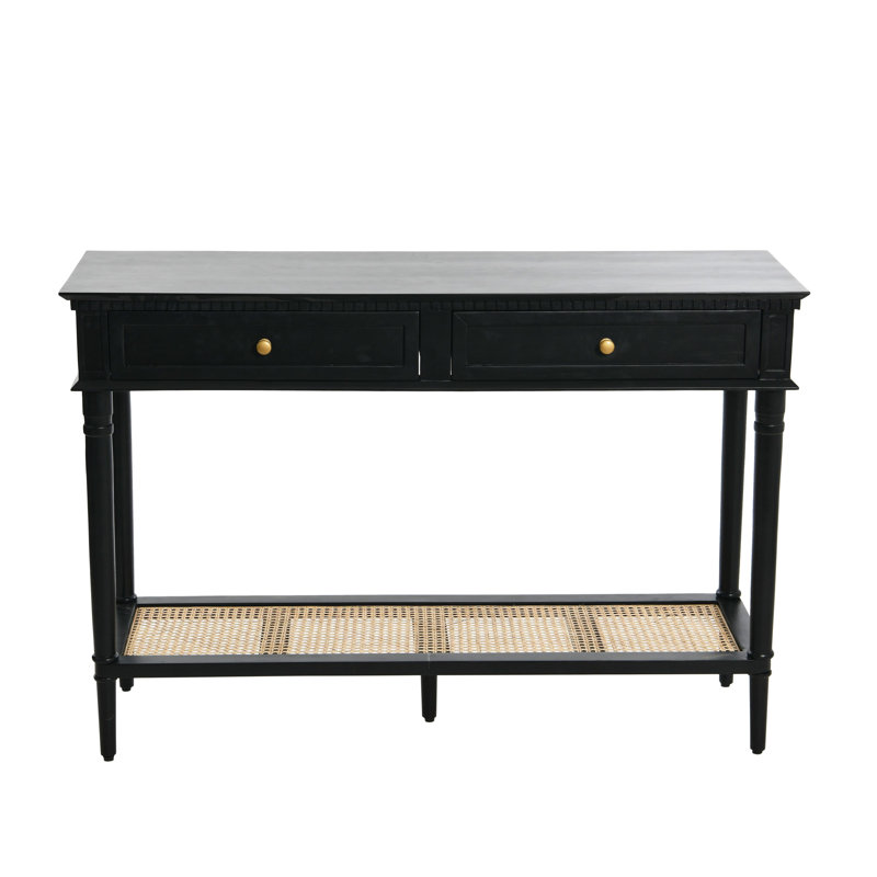 Ayleena Maxwelton Solid Wood Console Table with 2 Drawers and Woven Cane Storage Shelf, Black
