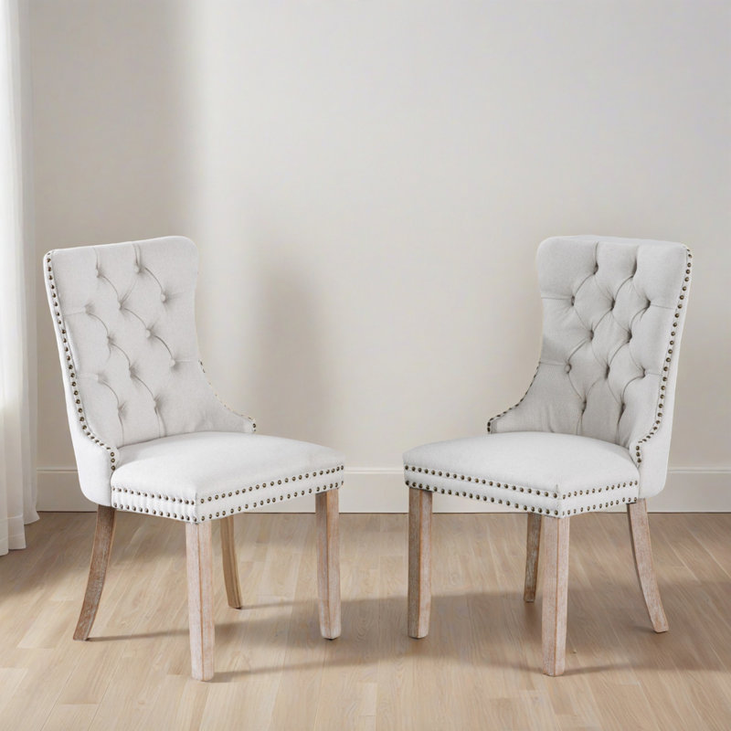 Chaise d'appoint rembourrée capitonnée à dossier à oreilles Parsons (ensemble de 2), Naturel, Beige