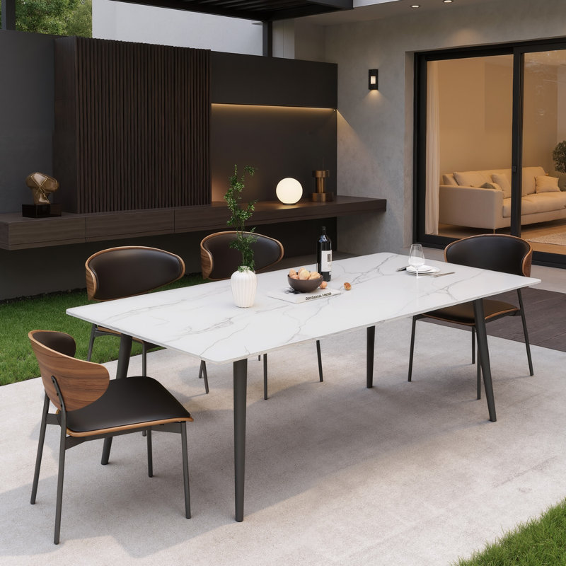 Table de salle à manger d'extérieur 70 po avec dessus en pierre frittée et table de patio résistante aux intempéries pour 6 personnes, pieds en métal modernes
