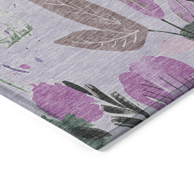 Lavender and Green Floral Washable Rectangular Rug