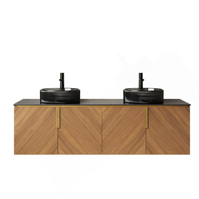 Meuble-lavabo 60 po, meuble-lavabo mural moderne en contreplaqué avec 4 portes, 2 lavabos ronds noirs transparents et comptoir en pierre frittée noire, couleur grain de bois chêne brun