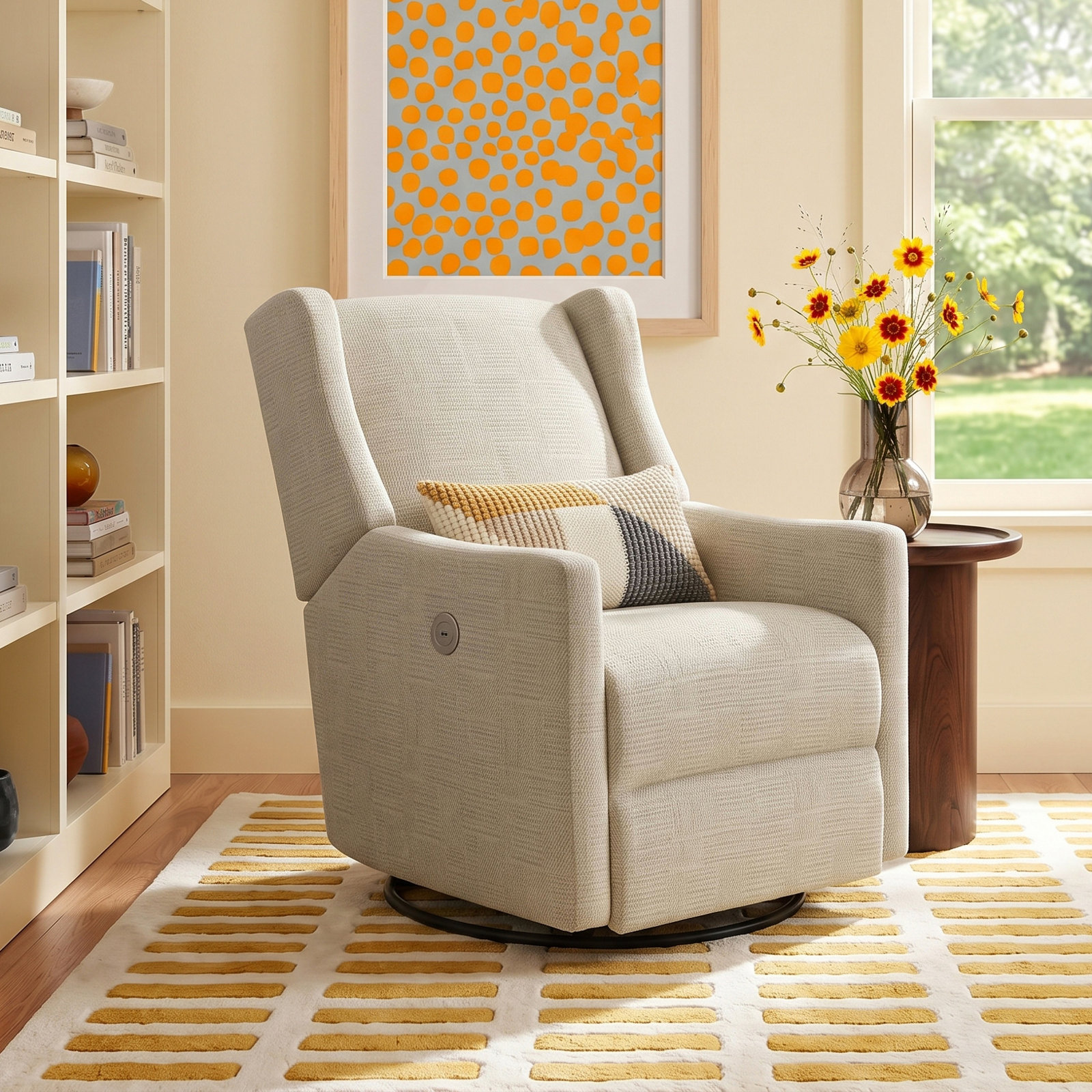 Andrina Upholstered Swivel Reclining Glider, Colley Snow Performance