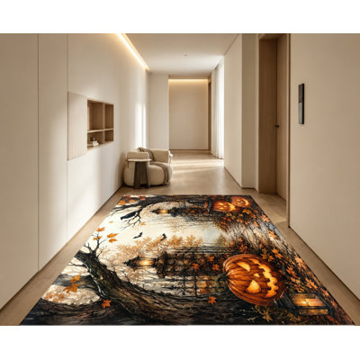 Tapis d'Halloween effrayant, scène de forêt de citrouilles Jack-o'-lantern, feuilles d'automne et chauves-souris, surface en velours, tapis de sol antidérapant, décoration intérieure pour salon, chambre, entrée, cuisine, appartement