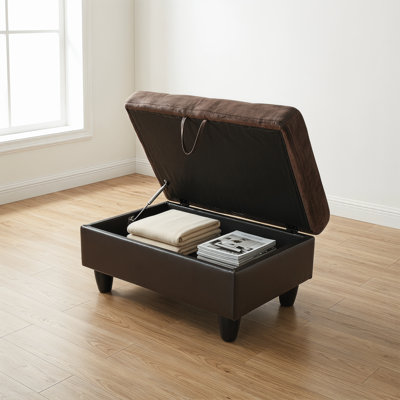 Wrought Studio Dark Brown Storage Ottoman, Flannel Faux Leather X-Stitching With Solid Wood Frame, Multifunctional Storage Footstool For Living Room Bedroom