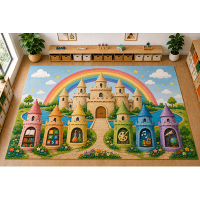 Large 6'7" x 9'10" Rainbow Learning Castle Area Rug, Soft Low Pile Indoor Rug with Non-Slip Silicone Backing for Kids Room Playroom, Blue