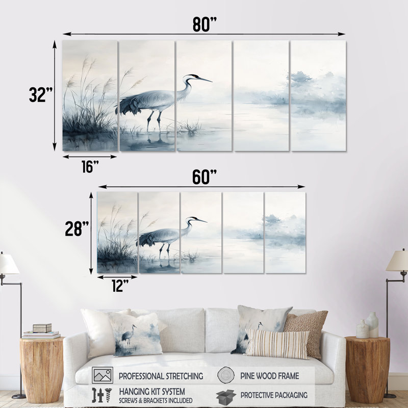 Crane dans un étang brumeux III - héron, décoration murale - art mural moderne, H 28 po x l 60 po