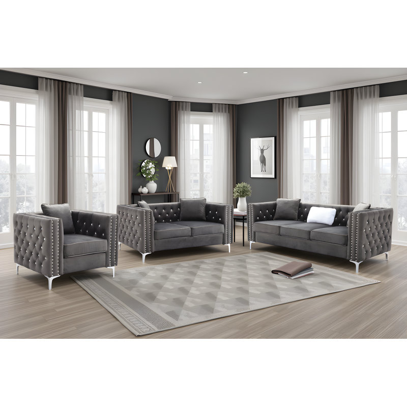Ensemble de salon 3 pièces Lyon Velvet, Gris