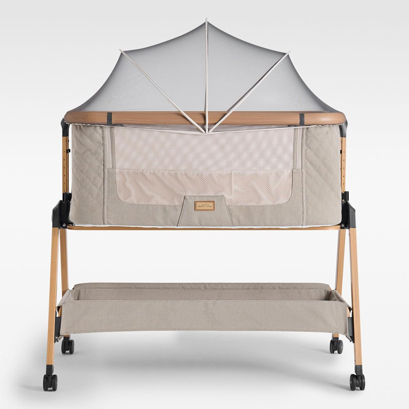 Bedside Cot with Mattress and Stand, Medium Yellow Wood